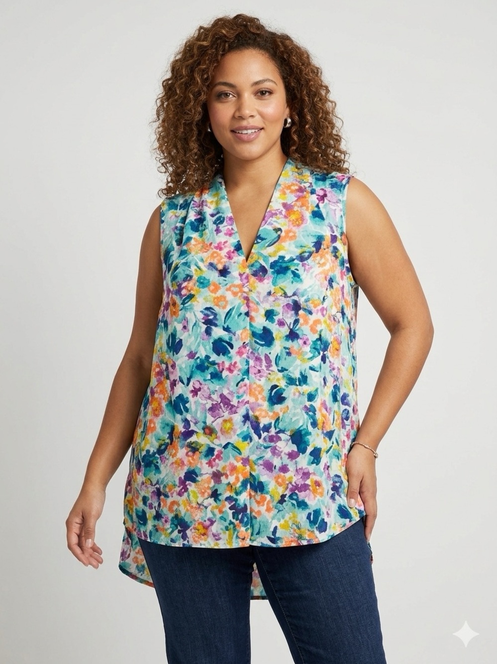 Spense Size 3X Floral Hi-Lo Tunic Tank Sleeveless Colorful Boho Cssual